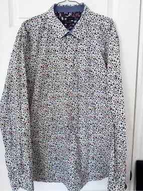 Men's White Floral Dress Shirt with Navy and Red Accents